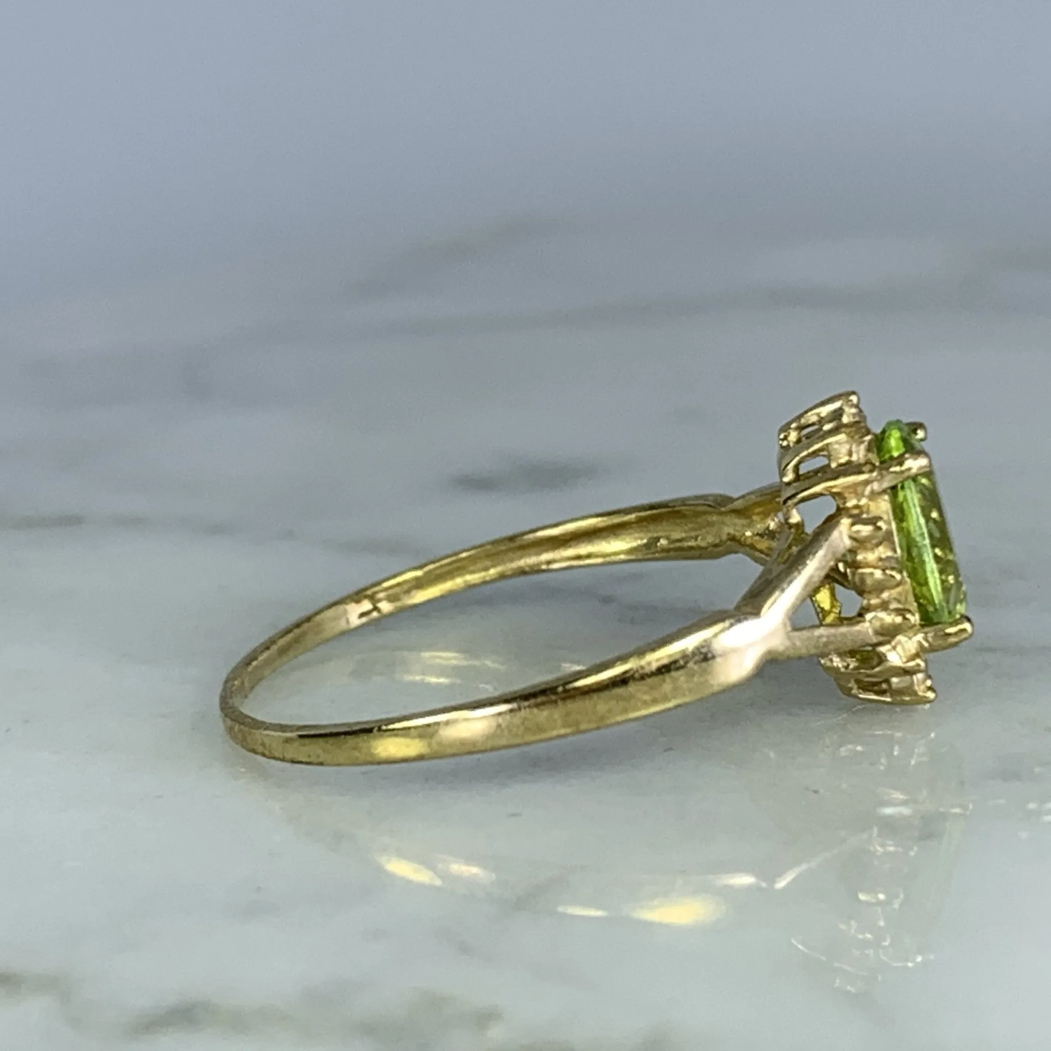 Vintage Peridot Ring. Diamond Accents. 10K Yellow Gold. August Birthstone. 16th Anniversary Gift.