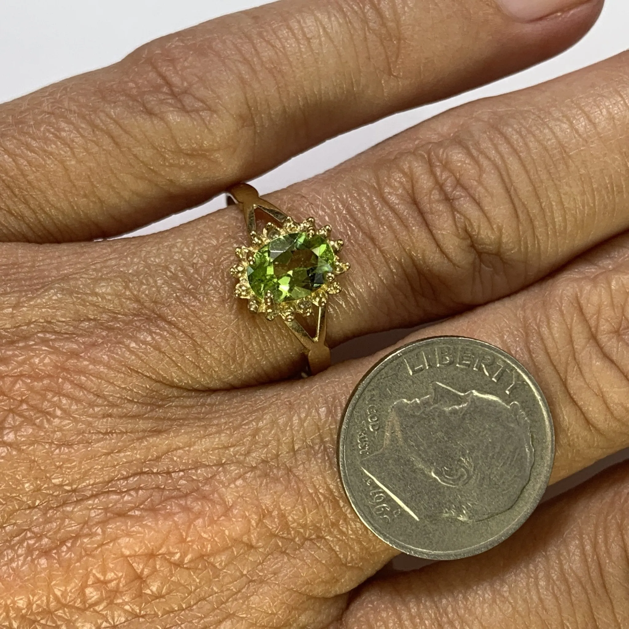 Vintage Peridot Ring. Diamond Accents. 10K Yellow Gold. August Birthstone. 16th Anniversary Gift.