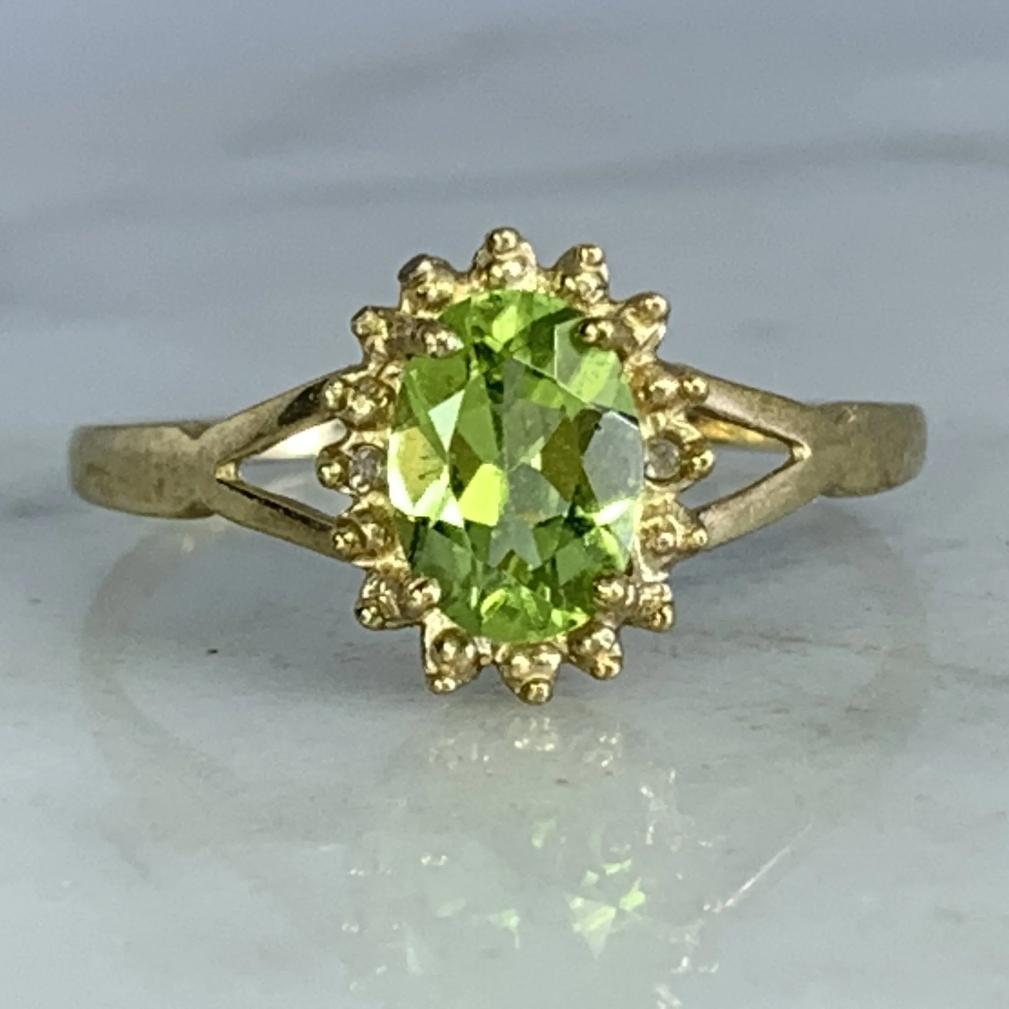 Vintage Peridot Ring. Diamond Accents. 10K Yellow Gold. August Birthstone. 16th Anniversary Gift.