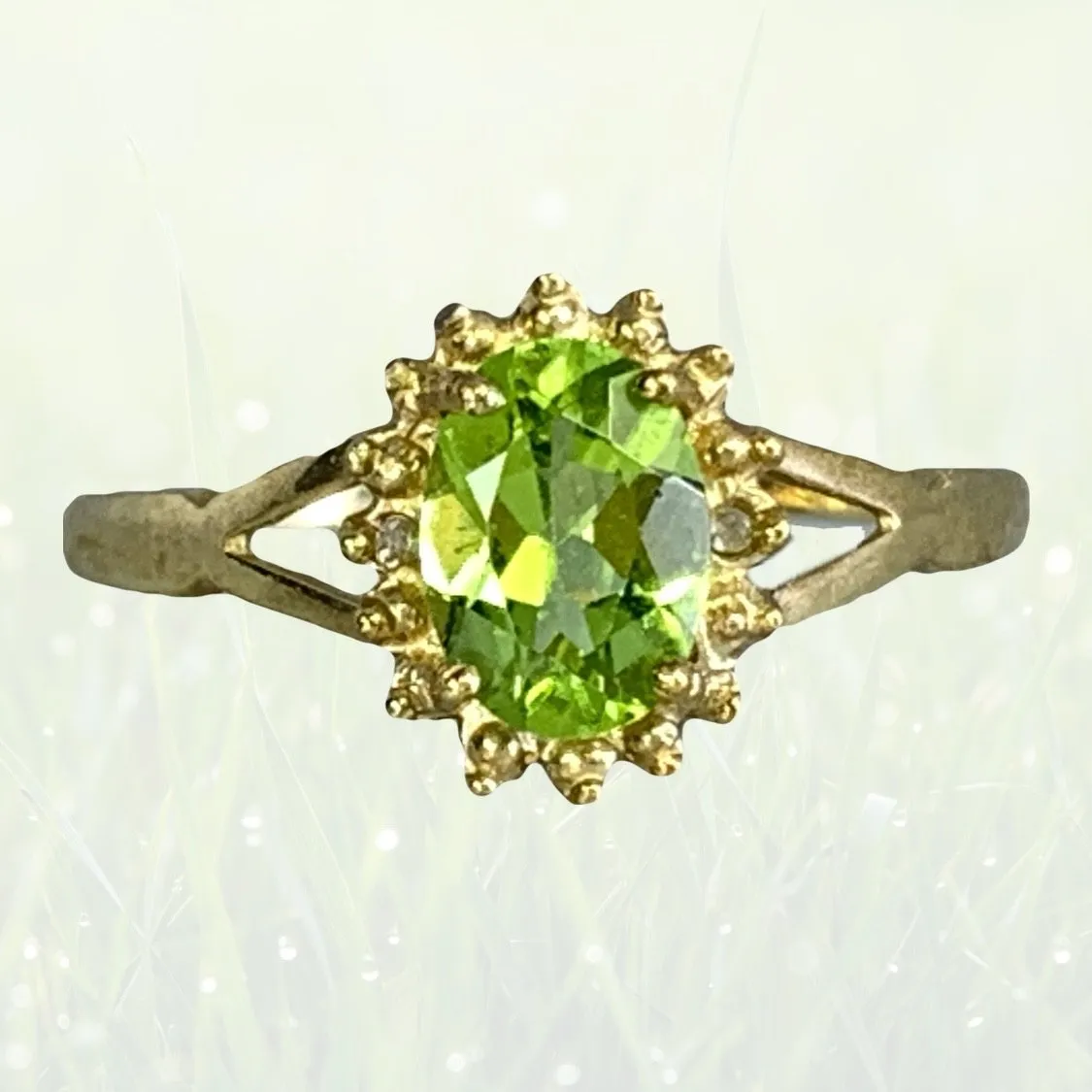 Vintage Peridot Ring. Diamond Accents. 10K Yellow Gold. August Birthstone. 16th Anniversary Gift.