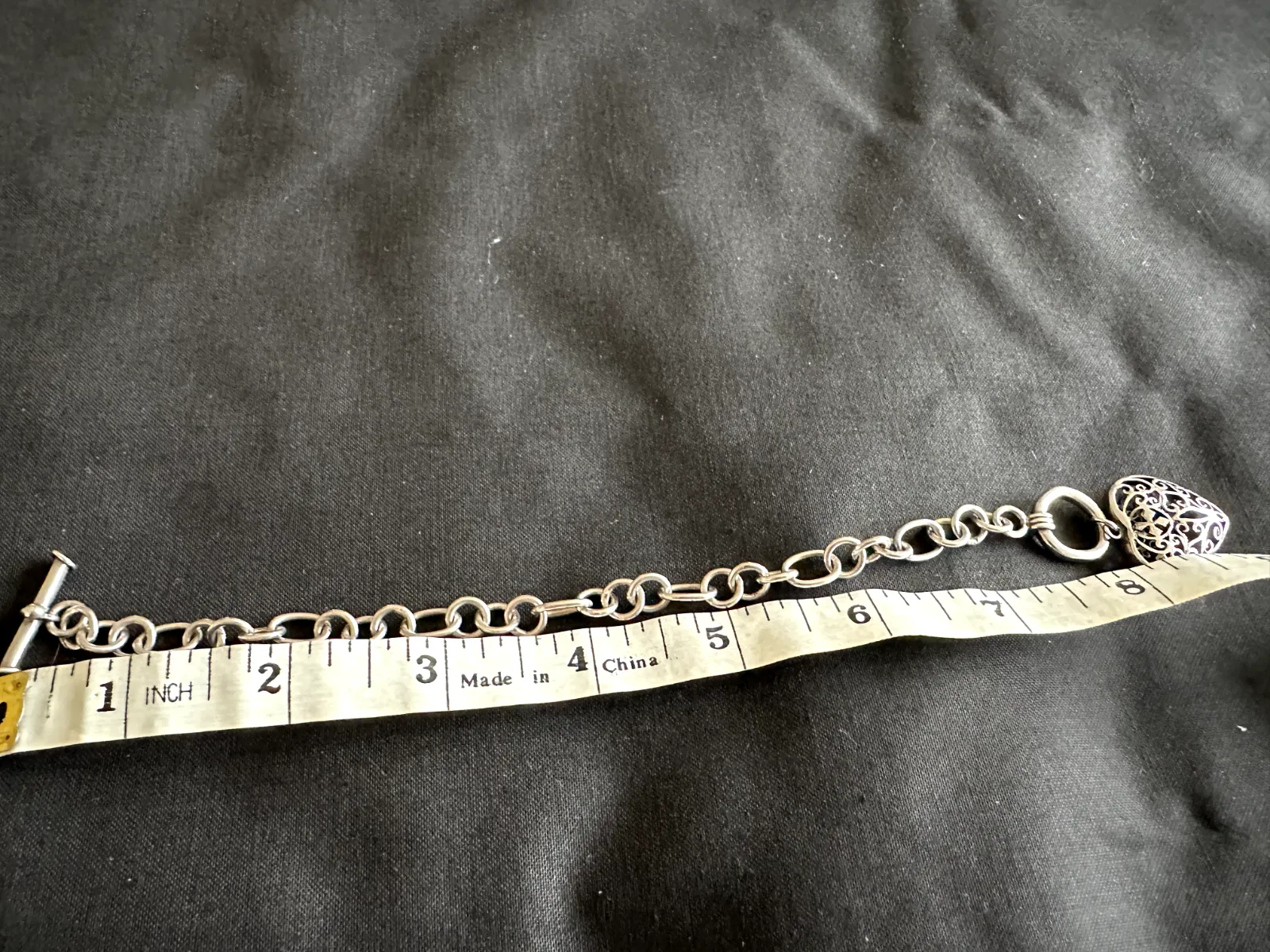 Vintage Silver Filigree T Bar Bracelet with large Heart charm