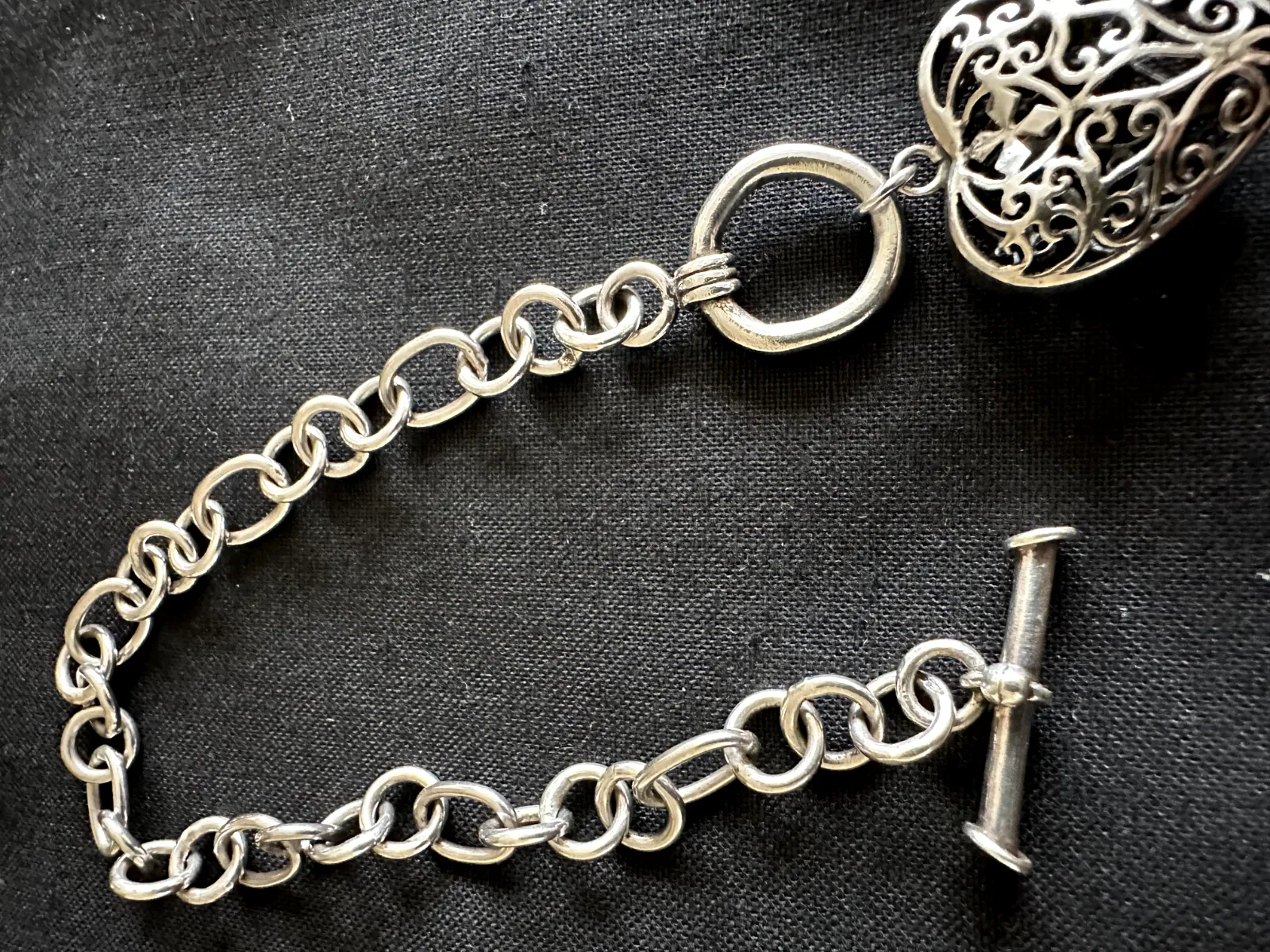 Vintage Silver Filigree T Bar Bracelet with large Heart charm