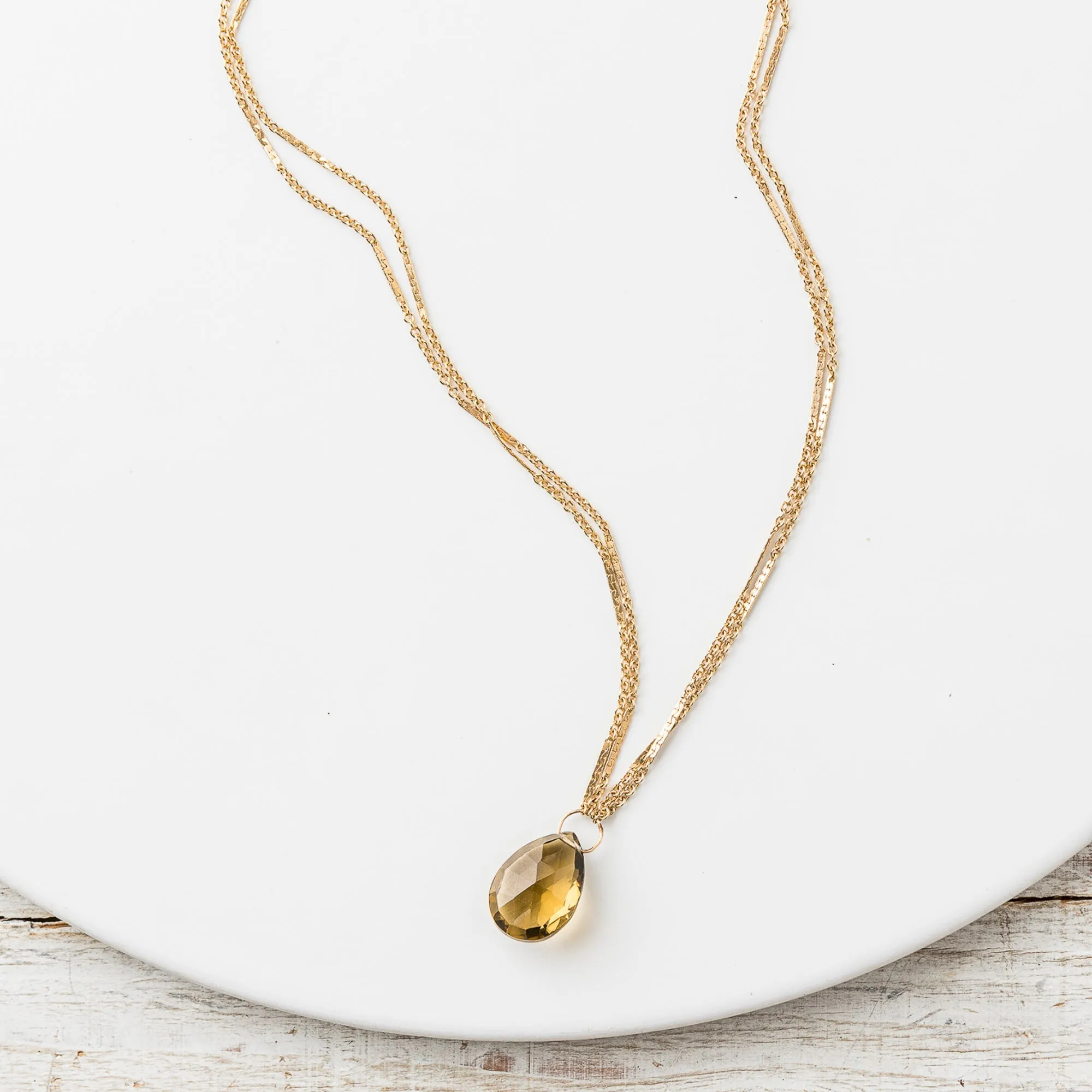 Whiskey Quartz Pear Necklace on Double Bar and Cable Chain