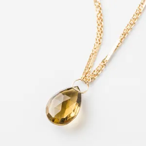 Whiskey Quartz Pear Necklace on Double Bar and Cable Chain