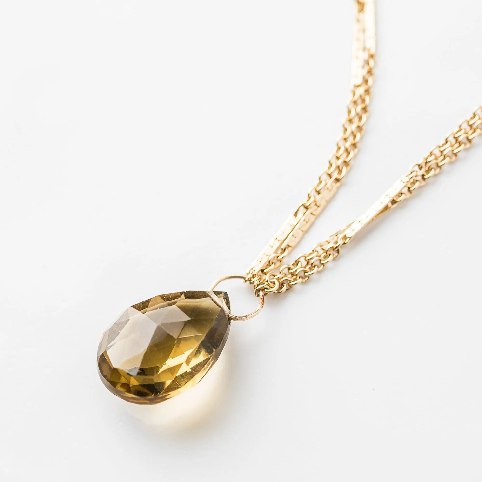 Whiskey Quartz Pear Necklace on Double Bar and Cable Chain