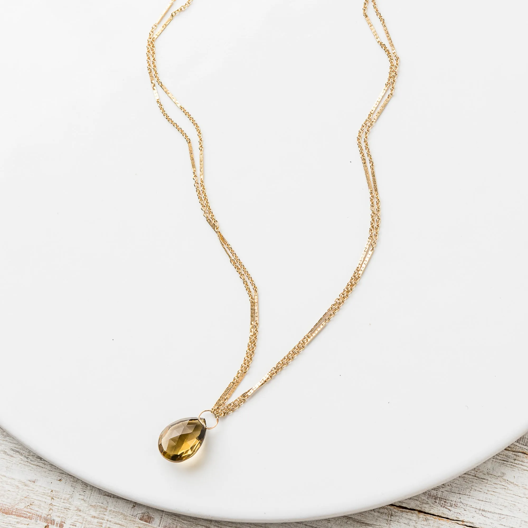 Whiskey Quartz Pear Necklace on Double Bar and Cable Chain