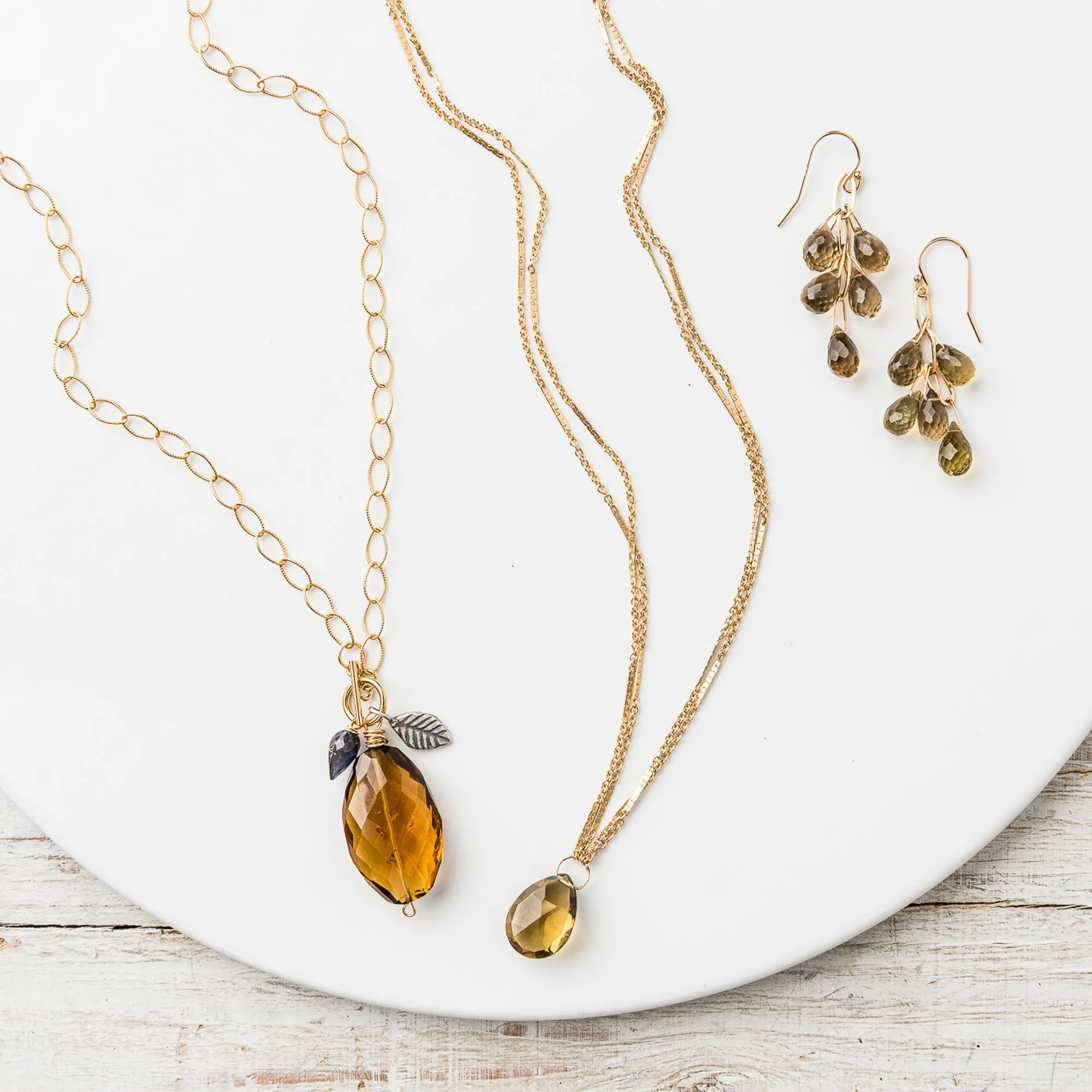 Whiskey Quartz Pear Necklace on Double Bar and Cable Chain