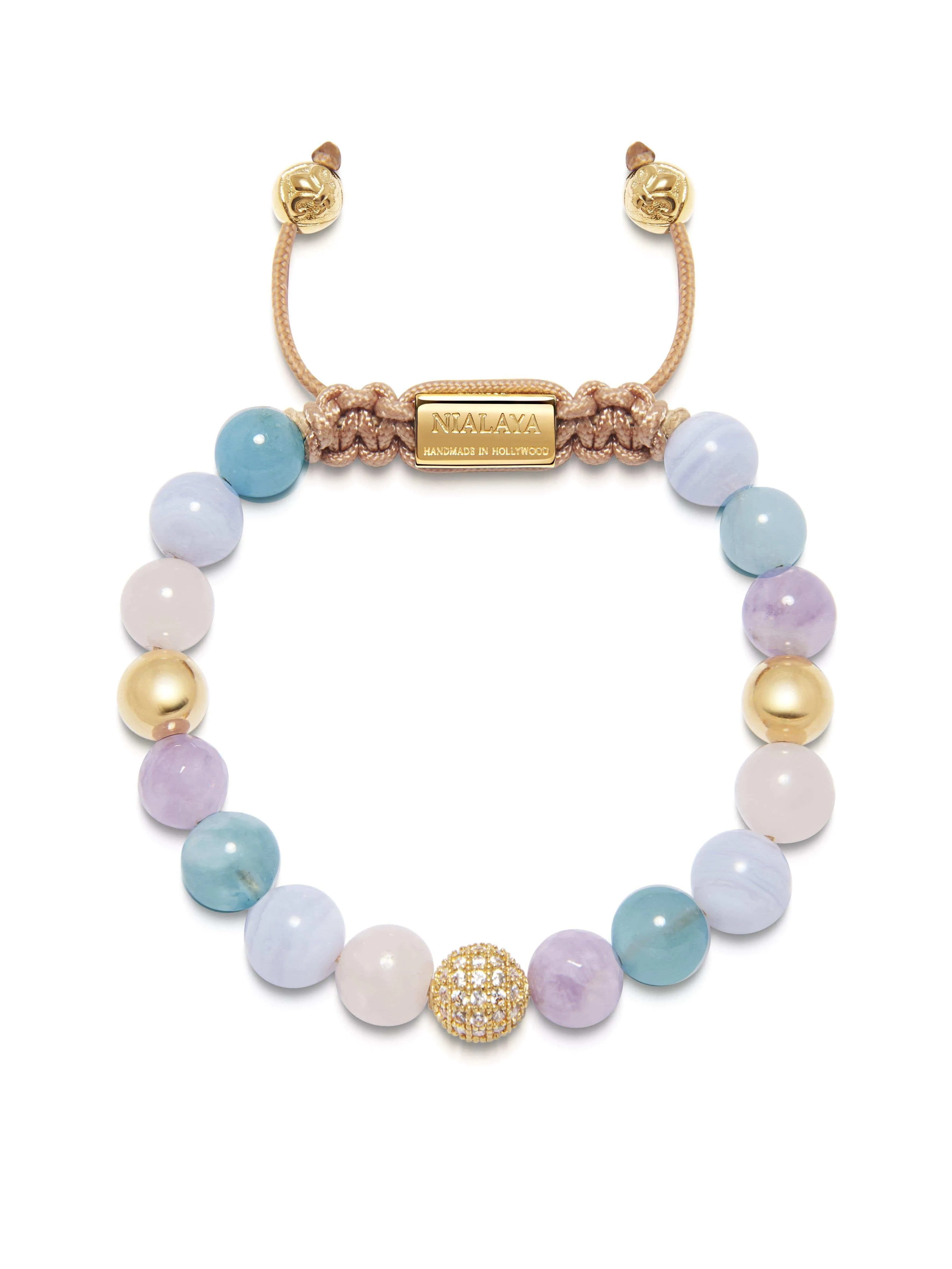 Women's Beaded Bracelet with Aquamarine, Blue Lace Agate, Rose Quartz, and Amethyst Lavender