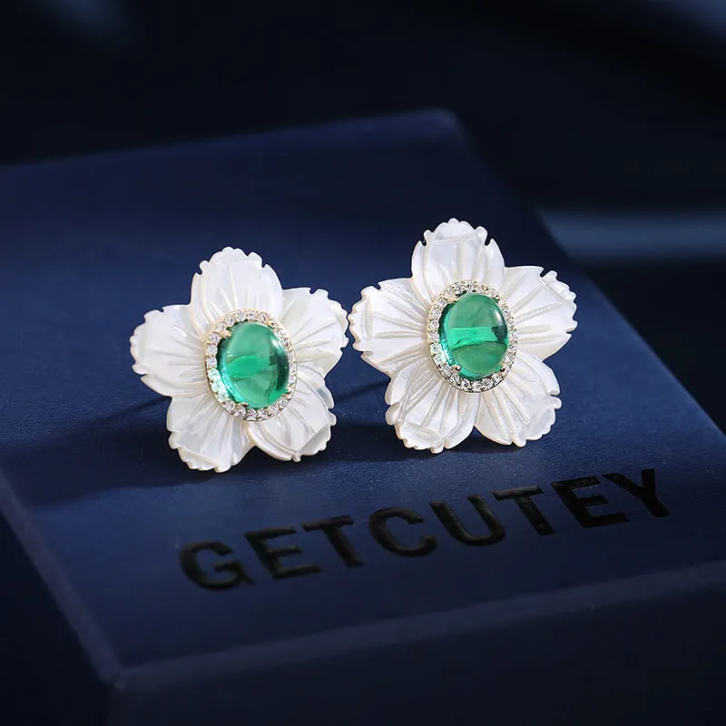 Zircon shell flower earrings simple mother-of-pearl sunflower earrings