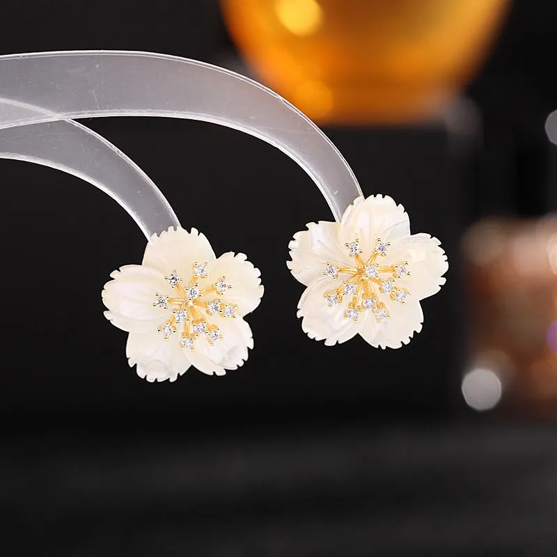 Zircon shell flower earrings simple mother-of-pearl sunflower earrings