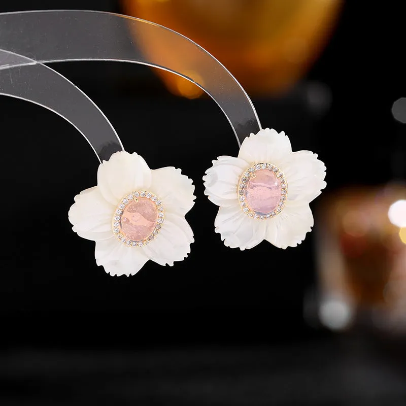 Zircon shell flower earrings simple mother-of-pearl sunflower earrings