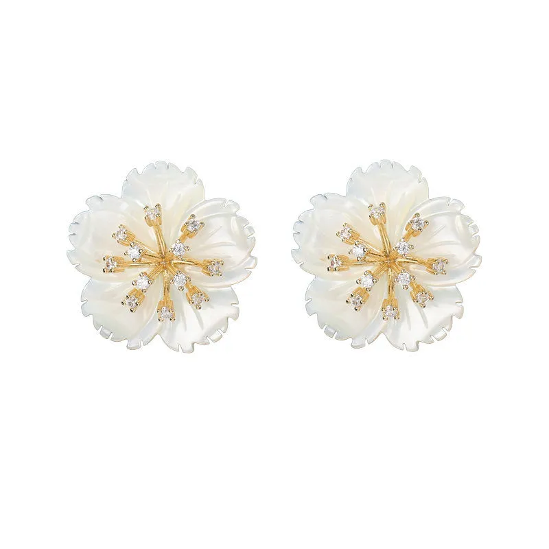 Zircon shell flower earrings simple mother-of-pearl sunflower earrings